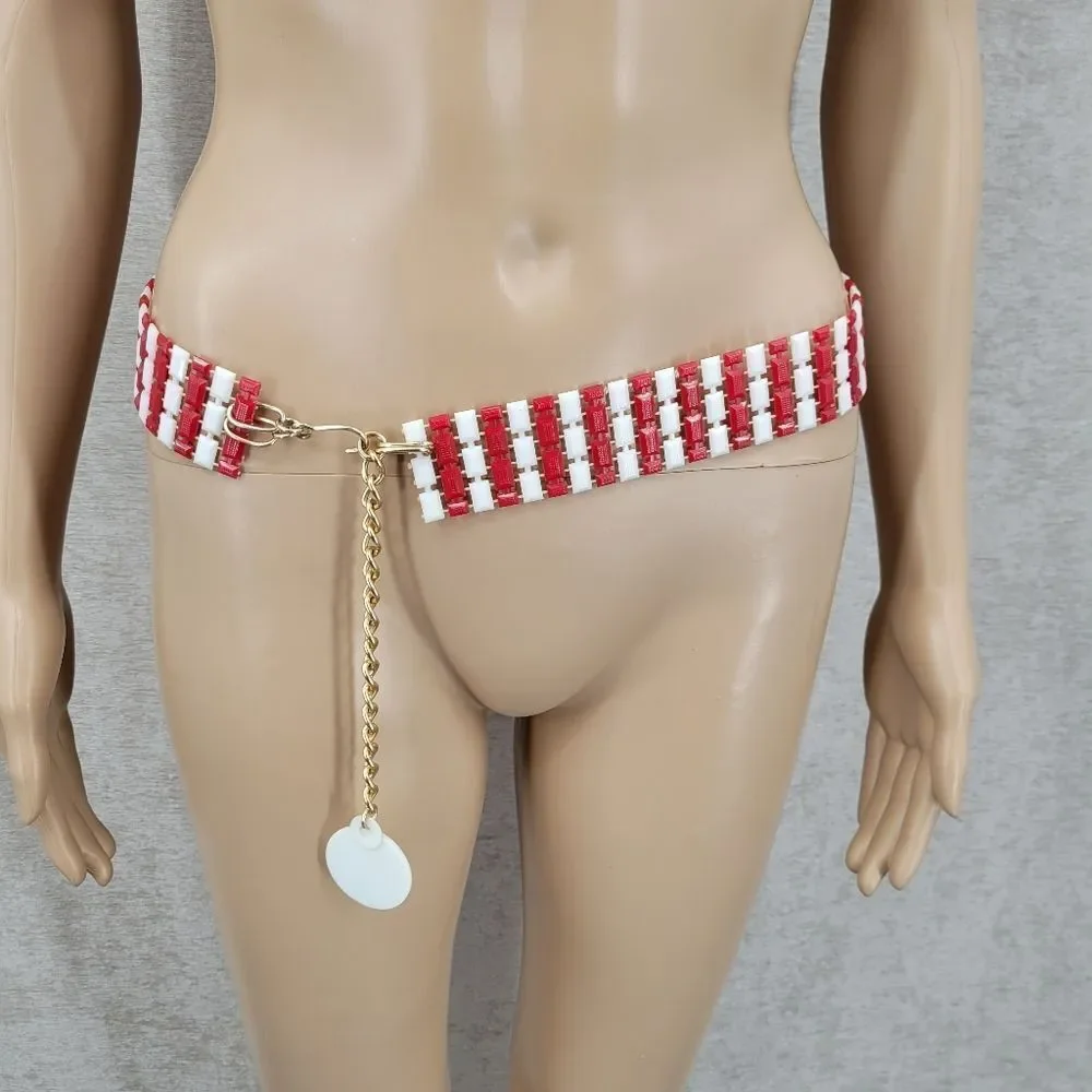 Vintage Poker Chip Red and White Plastic Belt with Gold Chain